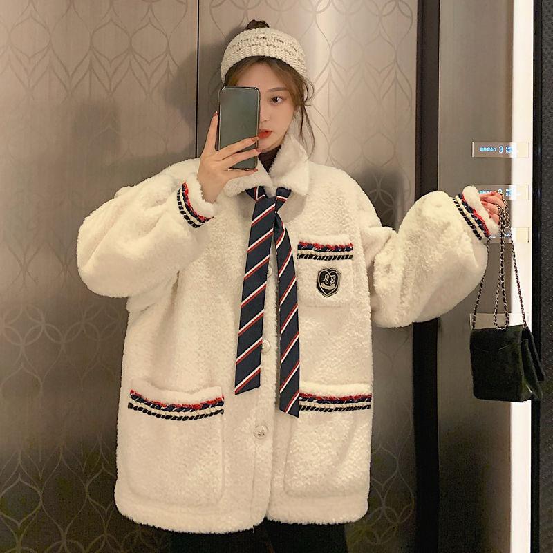 Winter All-match Lamb Wool Cotton Jacket Women Loose Lamb Wool White Mid-length Cotton Jacket