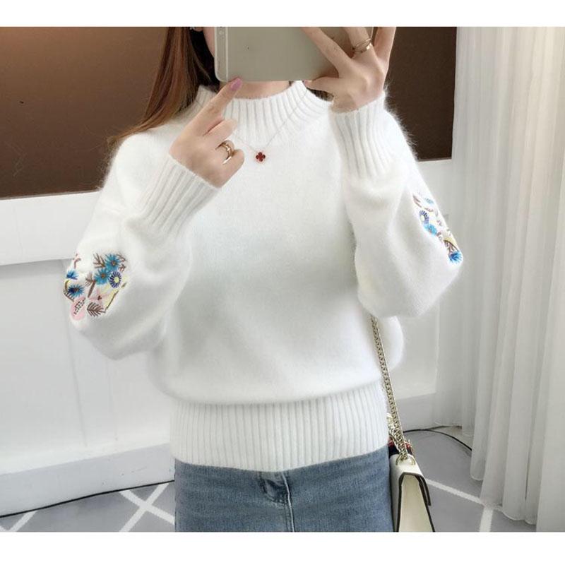 Half Turtleneck Sweater Thicken Women's Autumn and Winter Short Embroidery Flower Base Knit Long Sleeve Pullover
