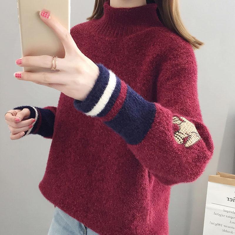 Autumn and Winter Mohair Knitted Sweater Loose Half High Neck Casual Bottoming Shirt Fashion Simple Women's Sweater