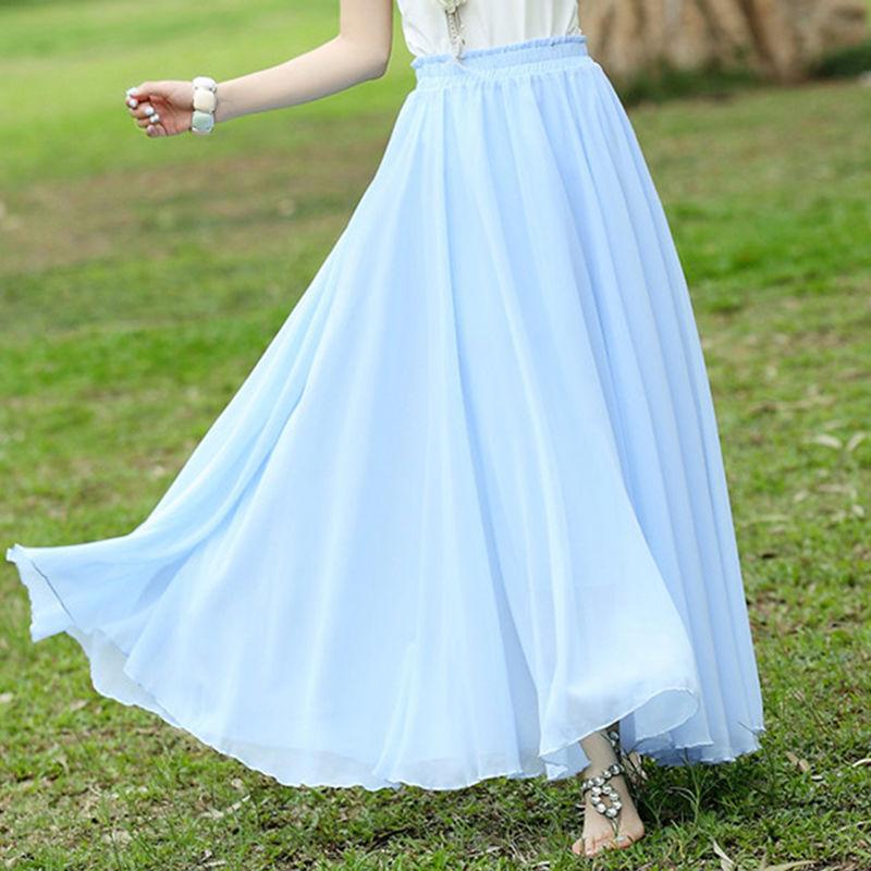 Women Chiffon Skirt Mid-length A-line Skirt Plus Size Fairy Skirt Summer Ruffled Elastic Waist Sandy Beach Vacation Daily