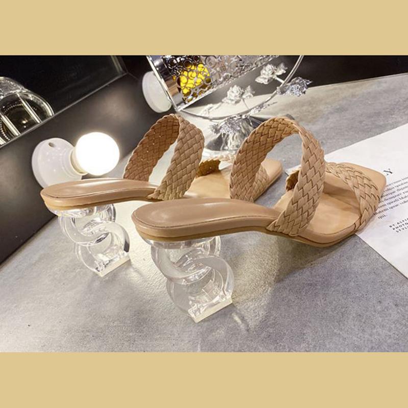 High-heeled Slippers Women's Summer Wear Fashion Woven Sandals Bohemian Ethnic Style Crystal Thick Heel Women's Summer Wear