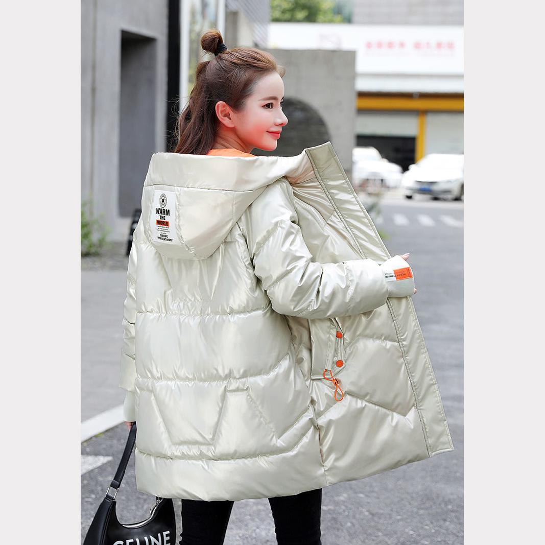 Winter Jacket Parkas Women Glossy Down Cotton Jacket Hooded Parka Warm Female Mid-length Cotton Thick Jacket Casual Loose Outwear Medium Long Overcoat