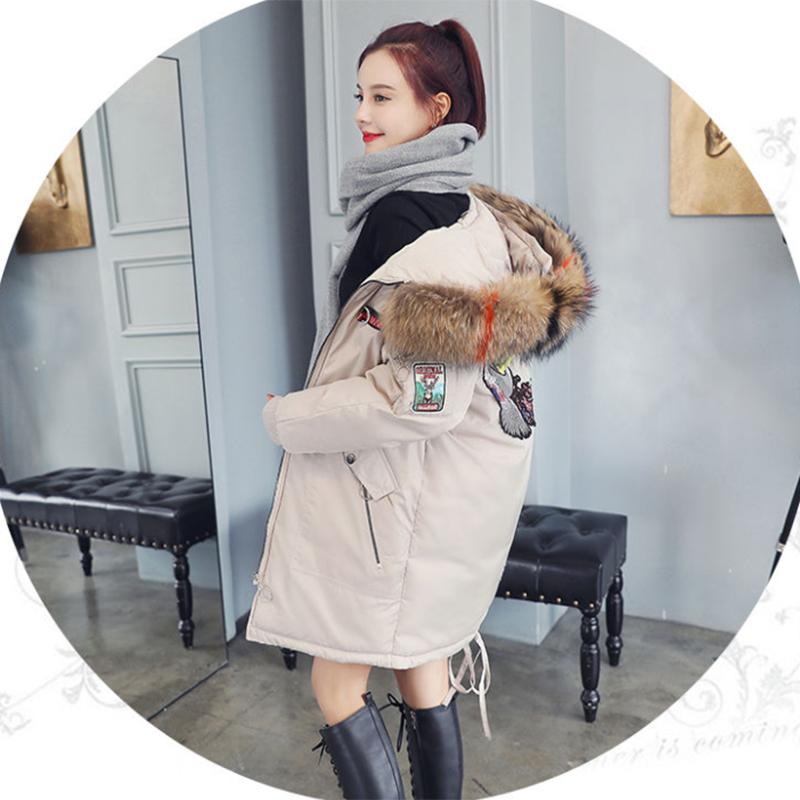 Women's Solid Color Embroidered Down Jacket Mid-length Korean Style Loose Thick Coat Warm Cotton Coat Large Fur Collar Winter Quilted Jacket
