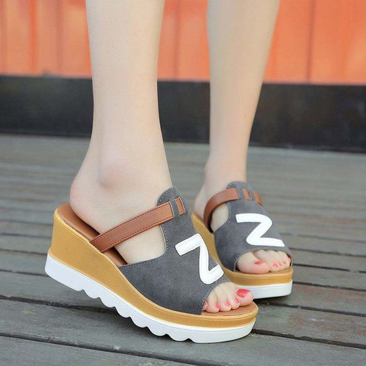 Fish Mouth Sandals and Slippers Women's Summer Frosted Leather Color Matching Thick-soled Sponge Cake Lazy One-word Drag Wedge High-heeled Sandals