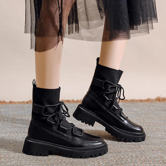 Women Boots Leather Shoes Female Platforms Ankle Boots Fashion Lace Up Chunky Botas Ladies Black Plus  Booties