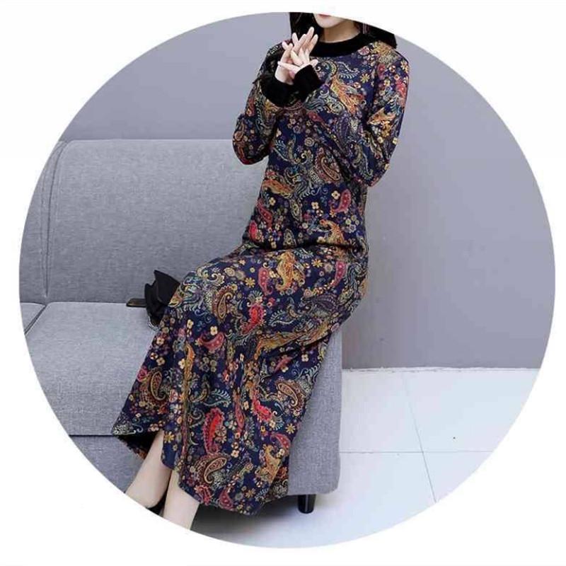 Pofulove Retro Plus Velvet Dress Female Turtleneck Over Knee Long Skirt Plus Size Cover Belly Fat