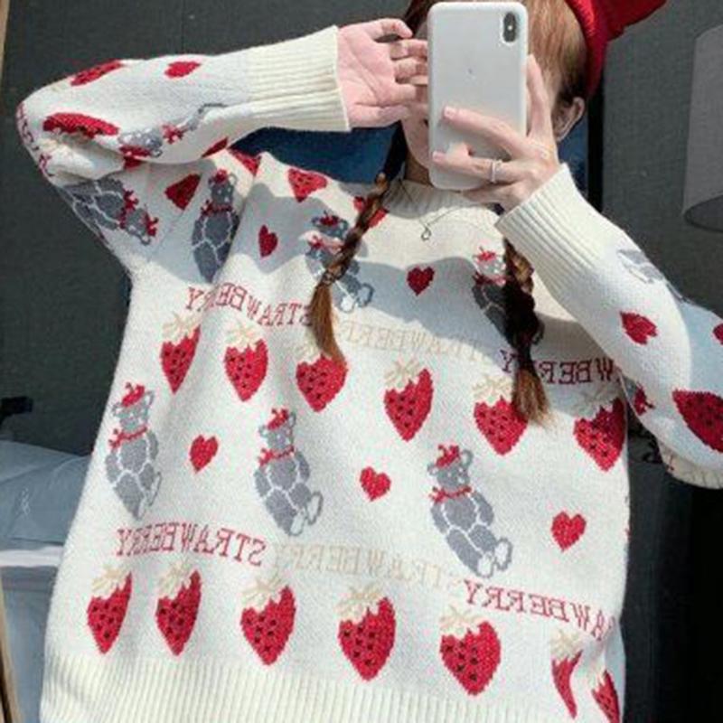 Women Fashion Sweater Casual Knitting Sweater Jacquard Round Neck Pullovers Loose Casual Long Sleeve Sweater Autumn Winter