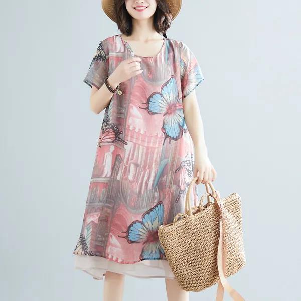 Women's Clothing Chiffon Dress Large Size Loose Round Neck Short Sleeve Printing Mid-length
