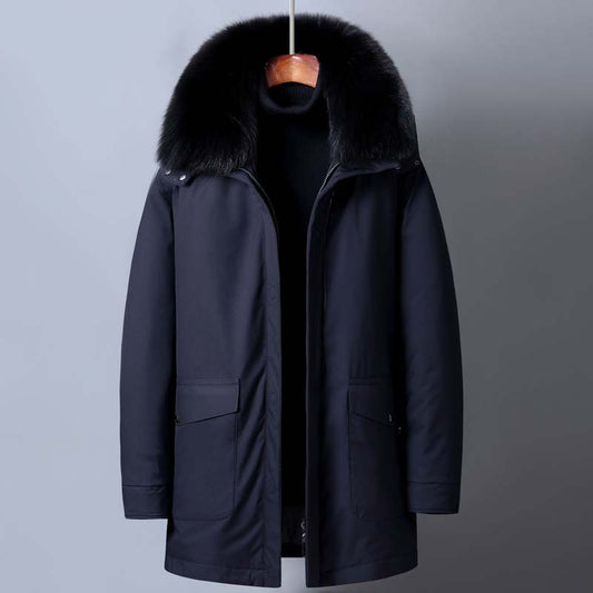 Down Jacket Men's Mid-length Thick Plush Collar Winter Casual Warm Hooded Jacket