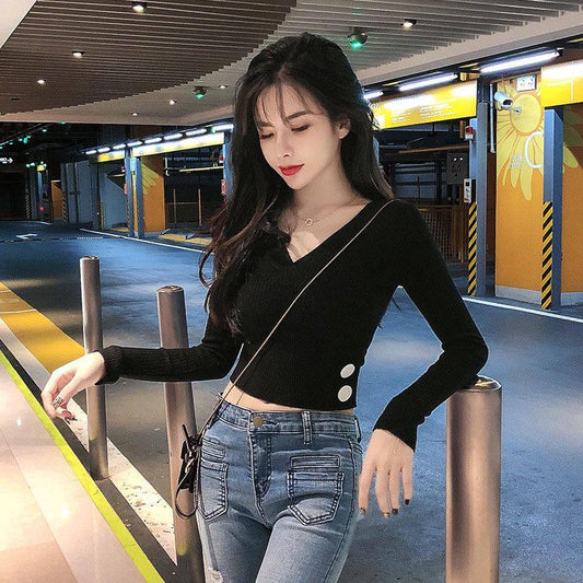 Autumn Hong Kong Flavor Long Sleeve Short Base Slim Fit V-neck Short-sleeved Knitted Sweater Tops