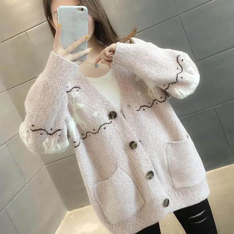 Lazy Style Knitted Cardigan Women's Autumn and Winter Loose School Style V-neck Long-sleeved Sweater Jacket
