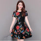 Brand Dress Round Neck Women Casual Flower Short Sleeve Skirt Sunmmer  Beach High Waist
