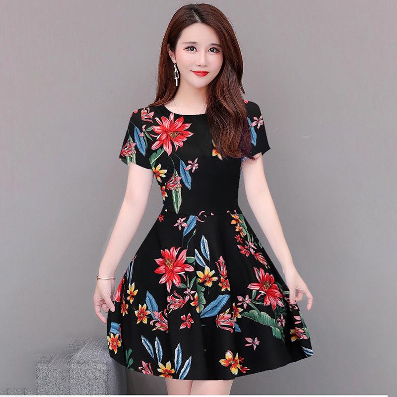 Brand Dress Round Neck Women Casual Flower Short Sleeve Skirt Sunmmer  Beach High Waist