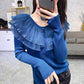 Autumn and Winter Lotus Leaf Collar Knitted Bottoming Shirt Slim Button Solid Color Sweater Fashion All-match
