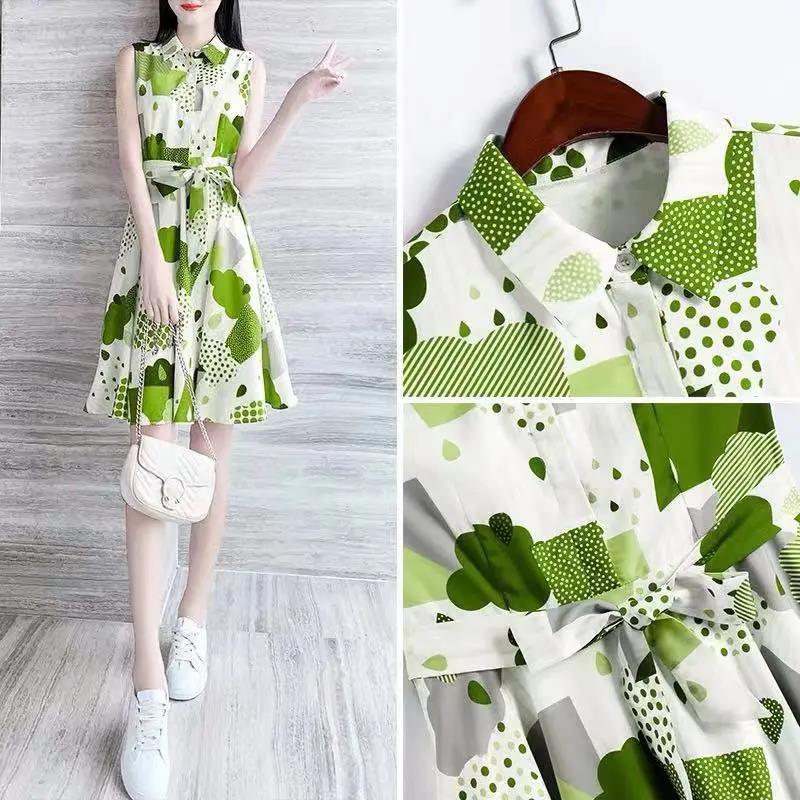 Chiffon Dress Women's Waist Slimming Temperament Avocado Green A-line Version Waist Sleeveless Dress Ladies Temperament Dress Work Can Be Worn