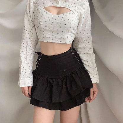 Black Pleated Ruffle Mini Skirt - Gothic High Waist Short Layered Skirt - Goth Clothing - Alt Clothing
