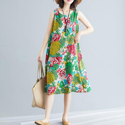Summer Ethnic Print Dress Round Neck Cotton and Linen Sleeveless Loose Mid-length Vest Skirt Daily Thin