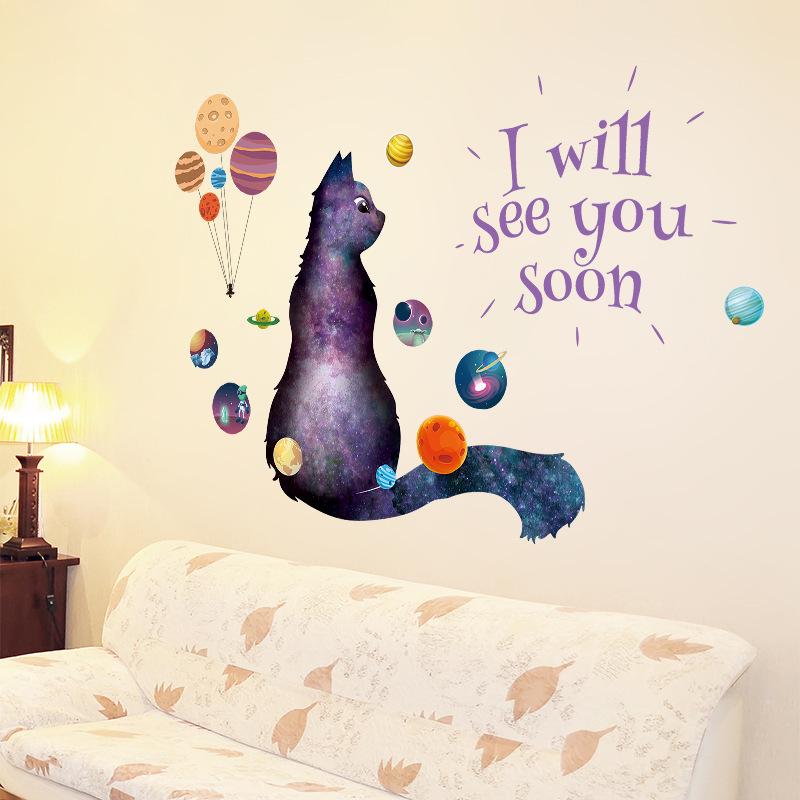 Star cat I will see you romantic wall sticker removable waterproof animal summer night wallpaper