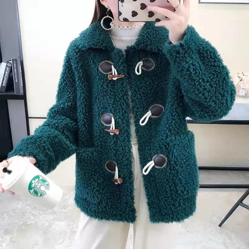 Women's Lamb Wool Coat Horns Buckle Sheared Wool Winter Korean Style Thick Square Collar Not Shed Hair Lapel Casual Loose Grain fleece Jacket Coat