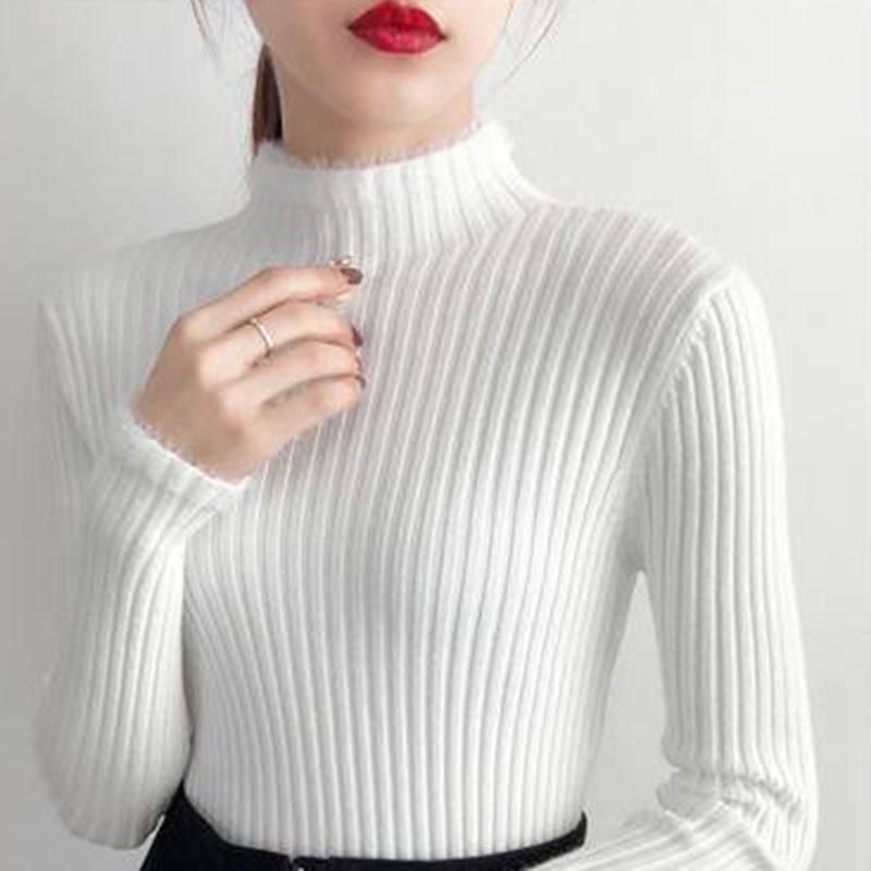 Pofulove Half Turtleneck Sweater Women Autumn Winter Fashion Slim Long-sleeved Bottoming Sweaters