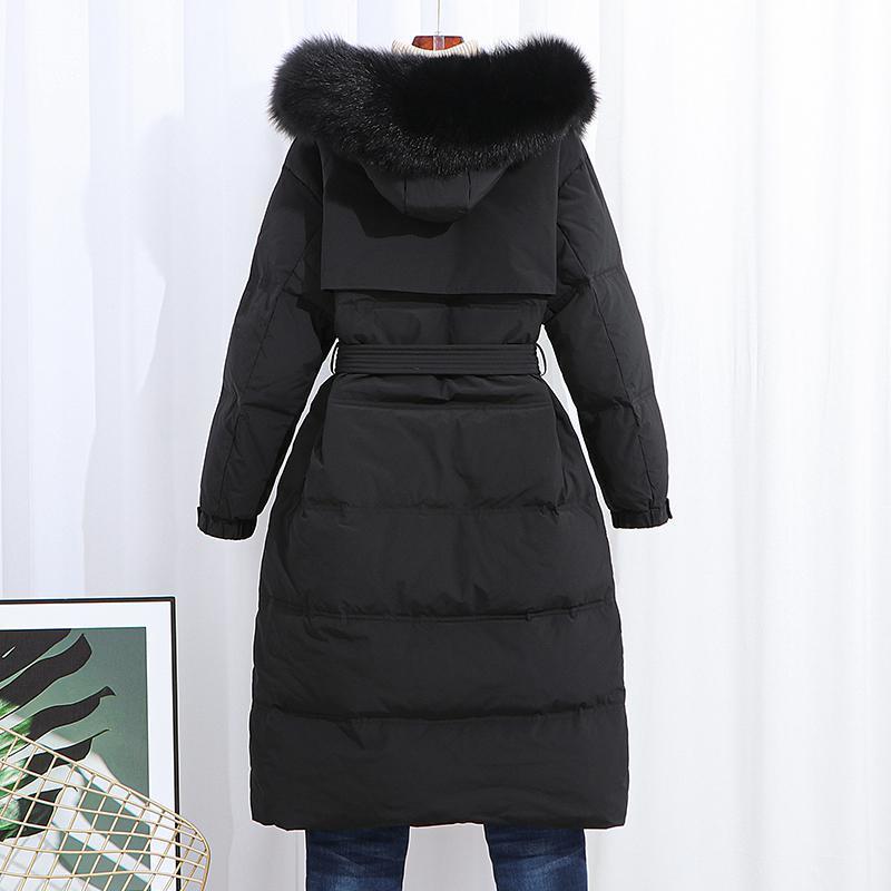 Down Jacket Women's Long Over The Knee Thick Warm Belt Fox Fur Real Fur Collar White Duck Down