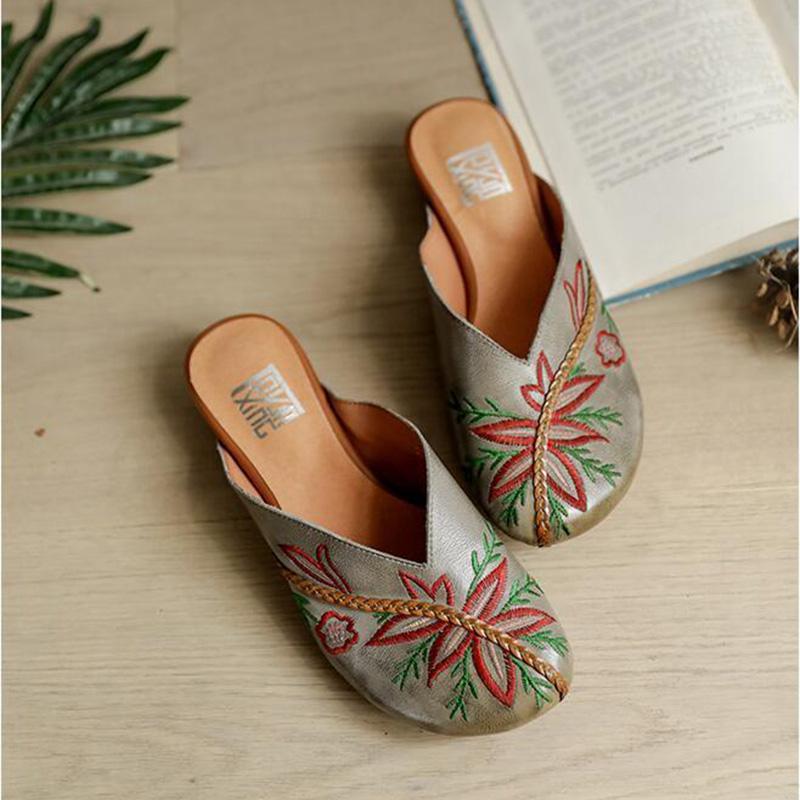 Leather Embroidered Flower Baotou Sandals Middle Heel Leather Retro Outer Wear Half Slippers Summer
