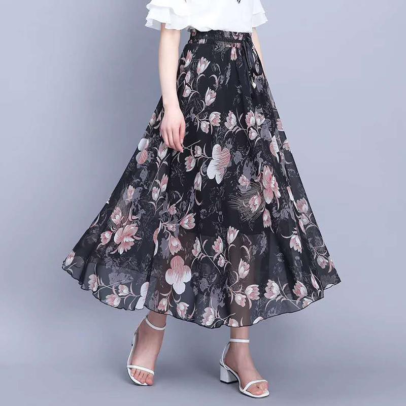 Women's Summer High Waist  Pleated Floral Skirt  Mid-length A-line Draping Chiffon Fairy Dress Beach Vacation Daily