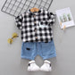 Children's Summer Wear Two Piece Set of Boys' and Girls' Korean Plaid Collar Short Sleeve Shirt and Shorts