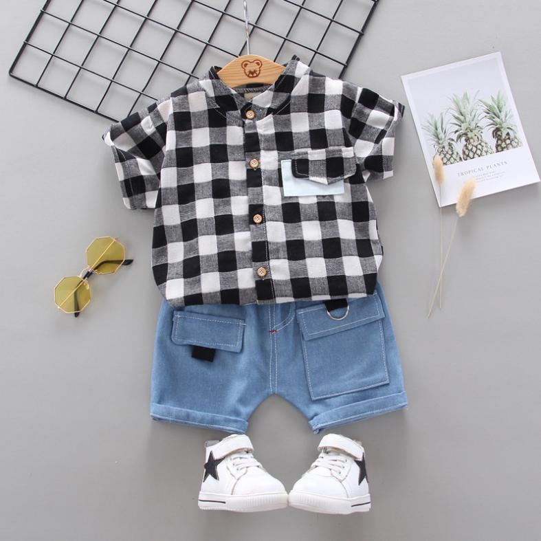 Children's Summer Wear Two Piece Set of Boys' and Girls' Korean Plaid Collar Short Sleeve Shirt and Shorts