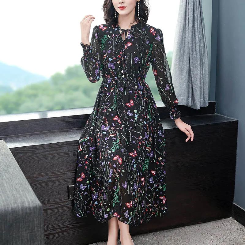 Spring Chiffon Floral Skirt Dress Women's Long-sleeved Large Size Long Slim Fit Bottoming Skirt Fabric Light and Breathable