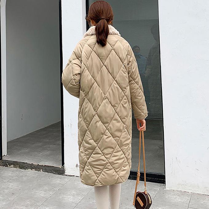 Lingge Lamb Fur Collar Cotton Jacket Women Winter Loose Mid-length Large Size Cotton Jacket Jacket Winter Thick Warmth Without Hood Cotton Jacket