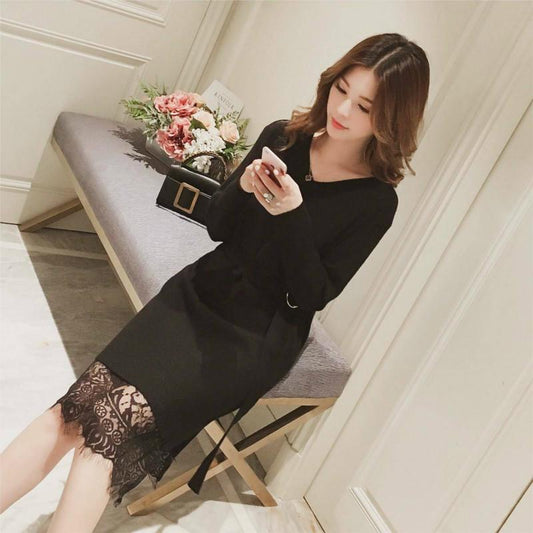 Pofulove 5 Colors Winter Slim Waist Sweater Dress Sweet O-neck Lace Knitted Long Pullover Skirt