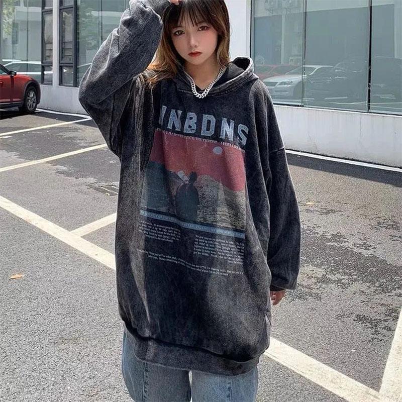 Retro Dark Style Old Hooded Sweater Men and Women with The Same Style Oversize Loose Casual Pullover Sweatshirts