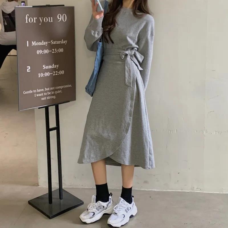 Women Sexy Knitted Dresses Solid Color High Elasticity Irregular Long-sleeved Spring and Autumn Dress