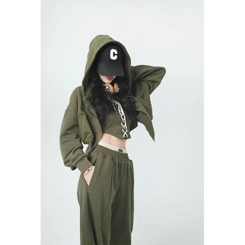3PCS Women's Sports Street Adjustable Tube Top + Short Jacket + Loose Pants Three-piece Suit Ladies Long Sleeve Hooded Cardigan Jacket Suit