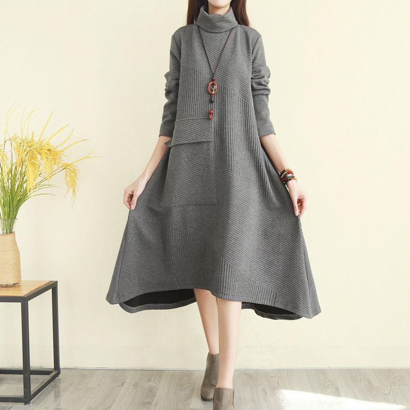 Vintage Turtleneck Sweater Dress Women Autumn Winter Long Bottoming Dress  Loose Asymmetric Knitted Dress Outwear