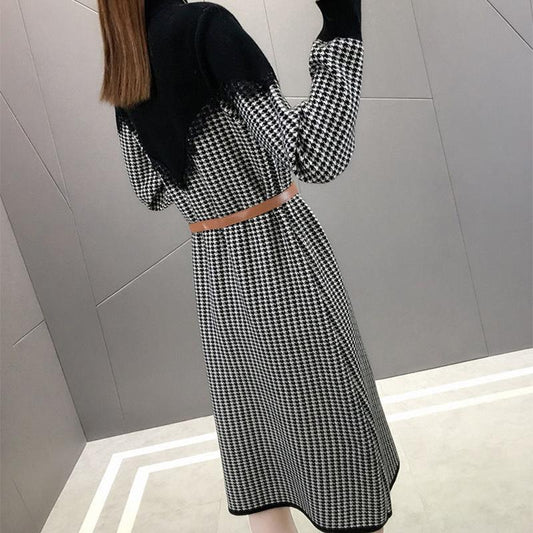 Long Sweater Dress Women Turtleneck Thickened Knee-length Lace Base Dress Temperament Knitted Dress