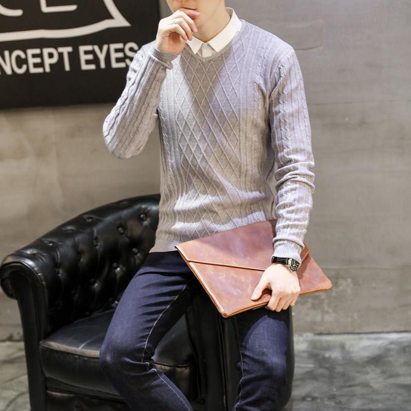 Autumn and Winter Korean Style Slim Men's Trend Solid Color Sweater Men's Fashion V-neck Pullover
