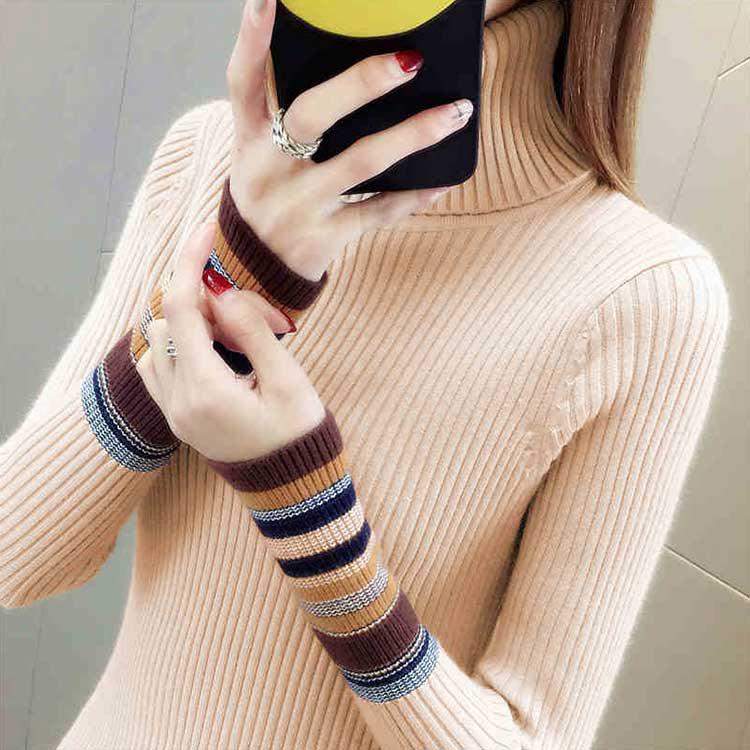 Women Striped Turtleneck Sweater Long Sleeve Slim Base Shirt Knitted Pullover Autumn Winter