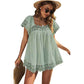 Summer Solid Color Casual Lace Shirt European and American Ladies Loose All-match U-neck Short-sleeved Top