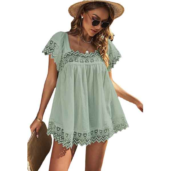 Summer Solid Color Casual Lace Shirt European and American Ladies Loose All-match U-neck Short-sleeved Top