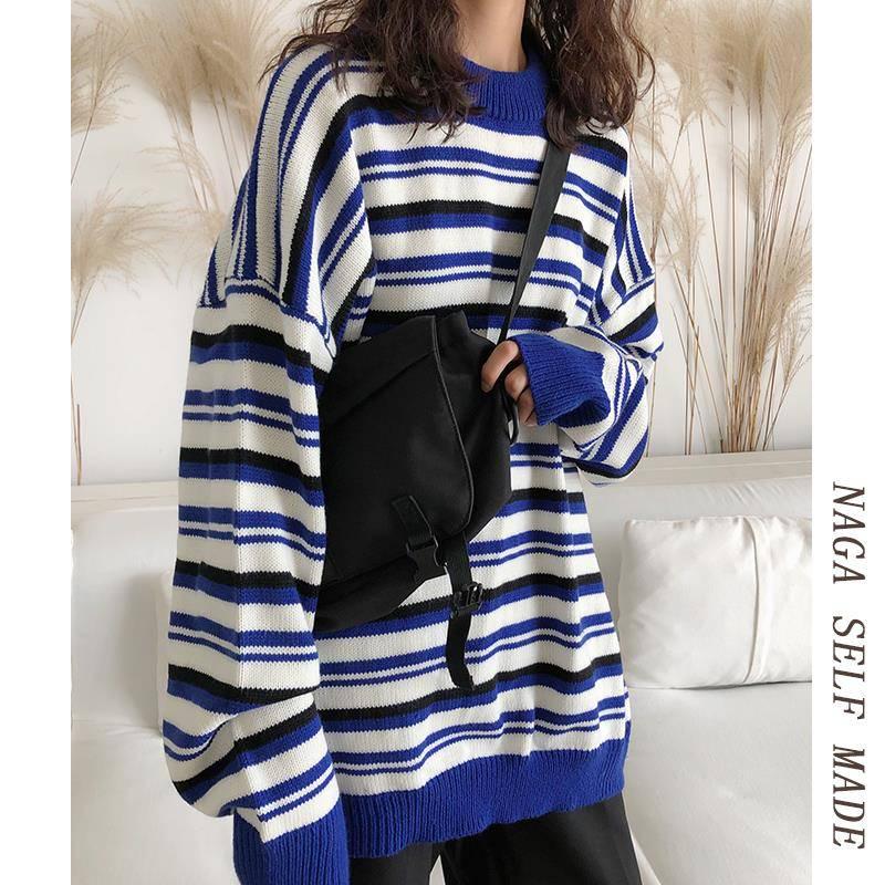 Pofulove Autumn Winter Japanese Striped Sweater Female Korean Loose Wild Round Neck Pullover Sweater