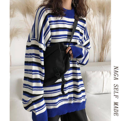 Pofulove Autumn Winter Japanese Striped Sweater Female Korean Loose Wild Round Neck Pullover Sweater