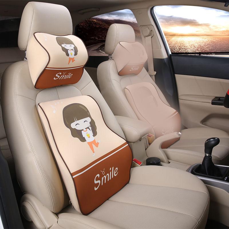 Little Girl Printing Car Neck Pillow and Lumbar Pillow Set Seat Support Pillow Breathable Spine Protection Tool