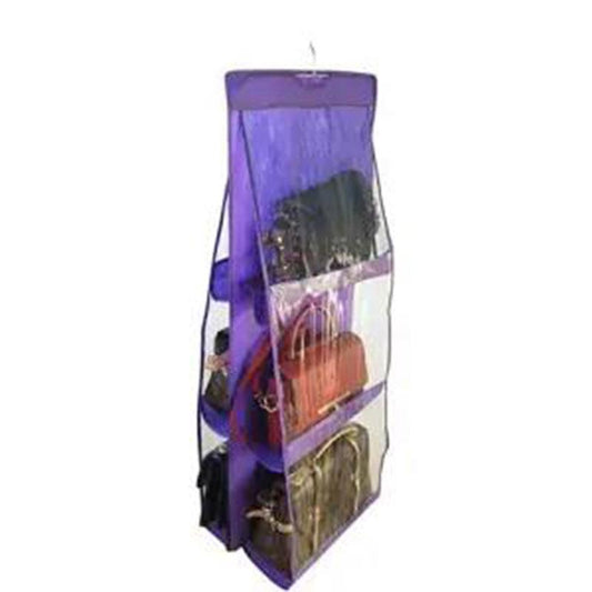 6 Pocket Folding Hanging Handbag Purse Storage Large Clear Holder Anti-dust Organizer Rack Hook Hanger Rack Bag Double-sided Storage Bag Fabric Bag