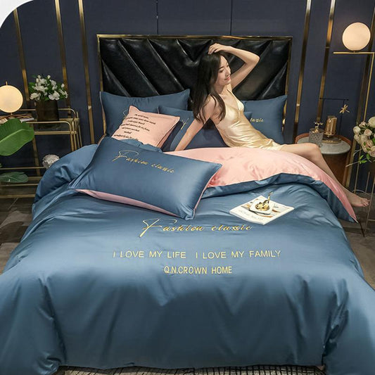 Embroidered Solid Color Bed Sheets and Pillowcases Simple Bedding Loka Cotton Bed Four-piece Set