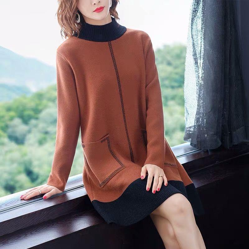 Autumn Winter High Quality Contrast Color Sweater Dress Women Knit Dress Long Loose Pullover Sweater Dress with Pockets for Inner or Outer Wear