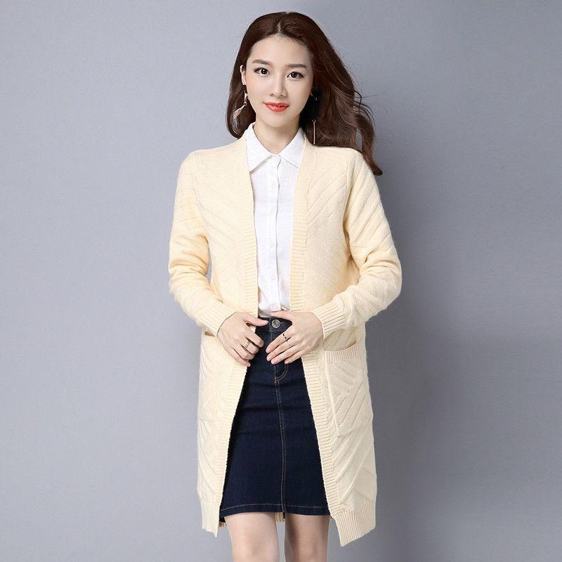 Spring and Autumn Loose Knitted Sweater Cardigan Mid-length Loose Top Pure Color Simple Women's Jacket