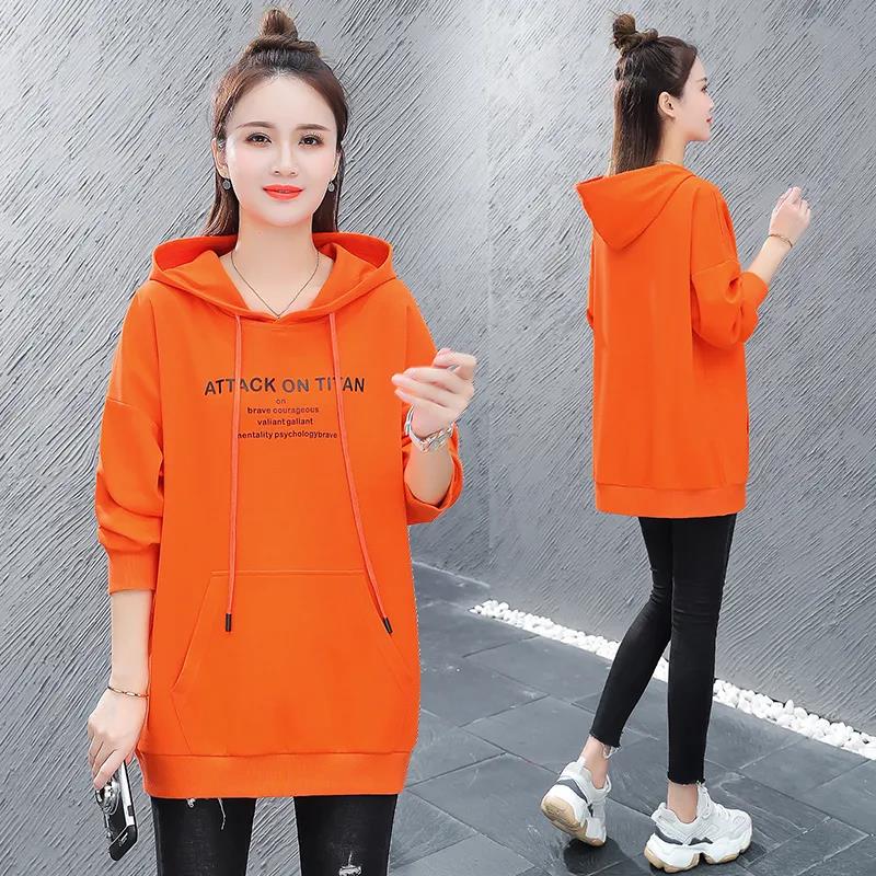 Women's Cotton Mid-length Hooded Sweater Autumn Solid Color Thin Hoodies Spring Large Size Loose Casual Coat