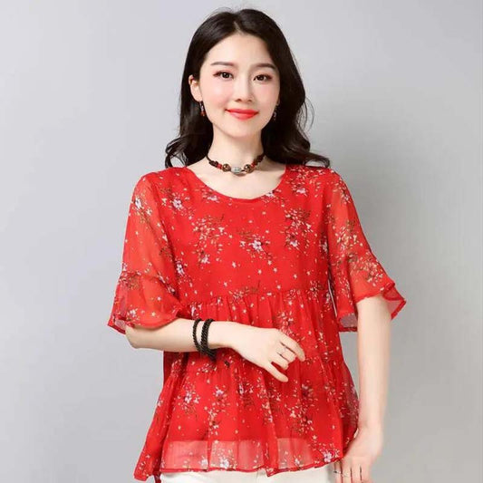 Women's Summer Chiffon Shirt Short Sleeve Large Size Shirt Floral Loose Round Neck T-Shirt